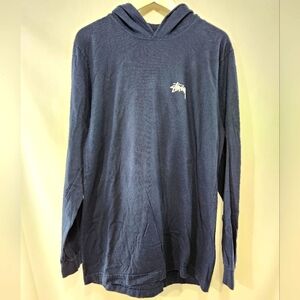 Iconic STUSSY Big Logo 8 Ball Decal Navy Blue Hooded Long Sleeve T-Shirt sz M